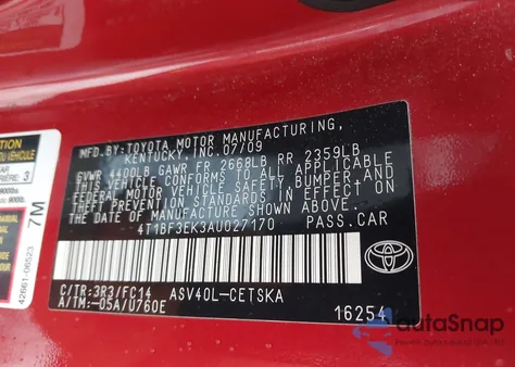 2010 Toyota Camry Se from USA, damaged, VIN 4T1BF3EK3AU027170